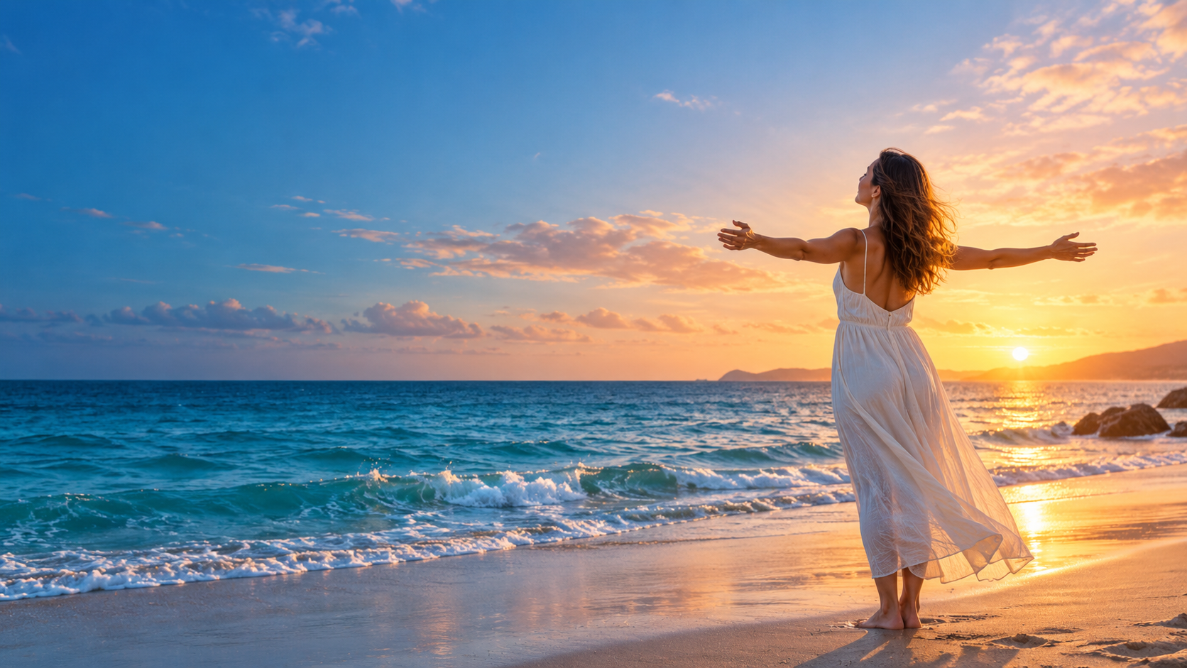 Persona en la playa con los brazos abiertos al amanecer
