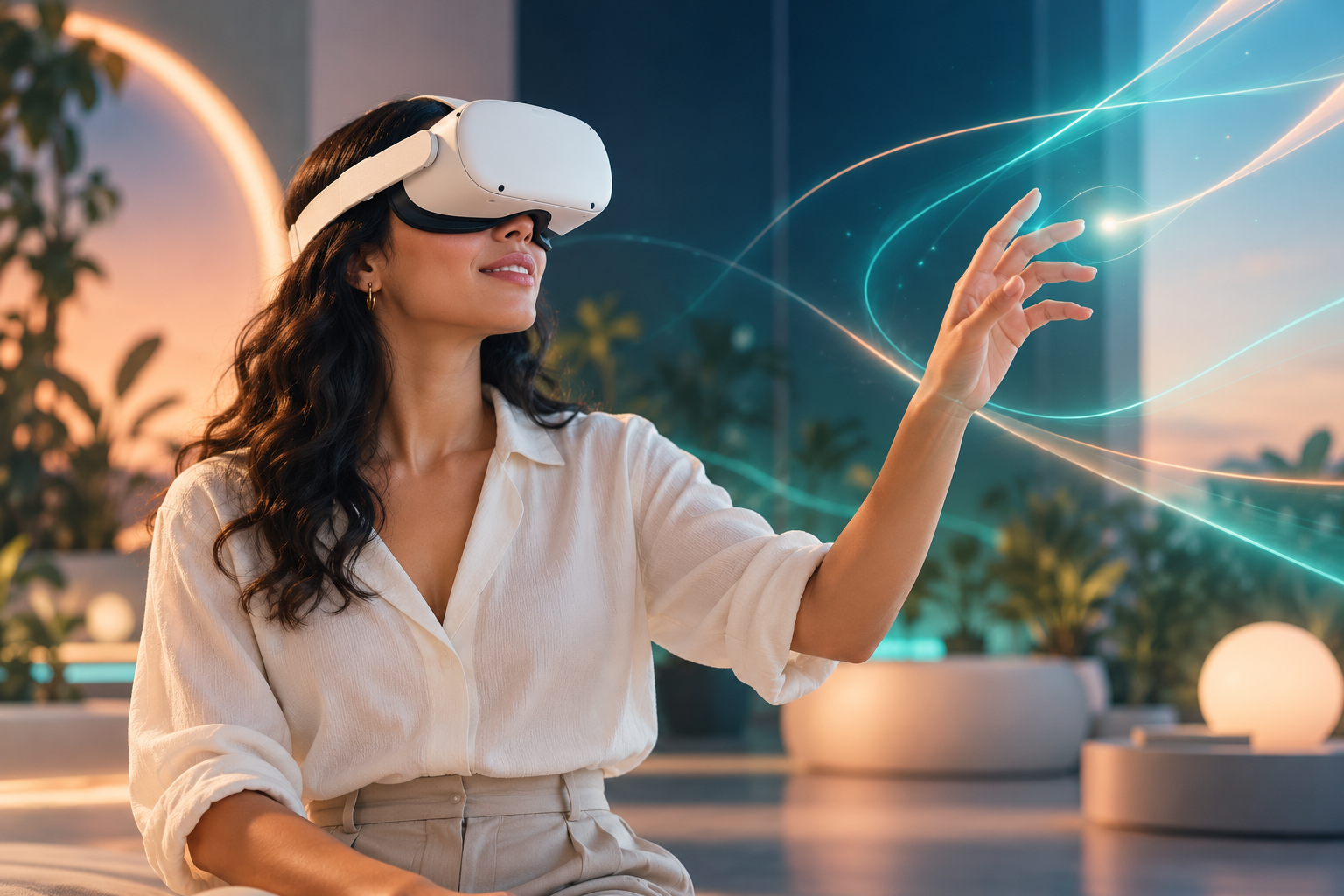 Mujer explorando una experiencia inmersiva con lentes de realidad virtual